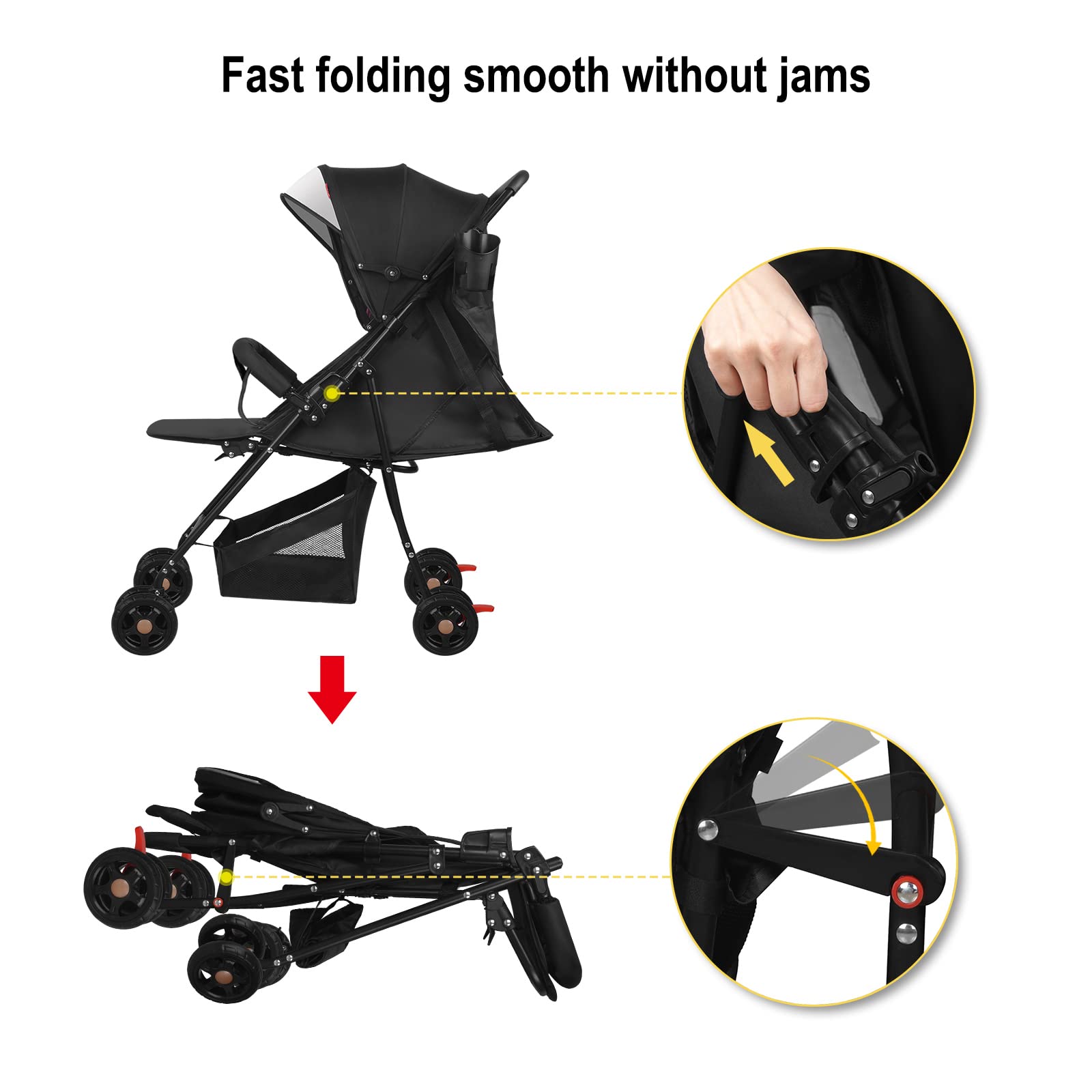 Vinteky Poussette bebe 2 en 1 pliable gain de place avec ceinture de sécurité poignée conforte pour tirer jusqu'à 15 kg Poussette bebe légère, compacte (L)