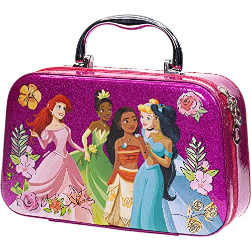 Townley Girl Disney Princess Zipper Cosmetic Train Case With Nail Polish, Nail File, Lip Gloss, Lip Stick, Lip Balm, Crown, Eyeshadow, Brushes, and More, Ages 3+, for Parties, Sleepovers & Makeovers
