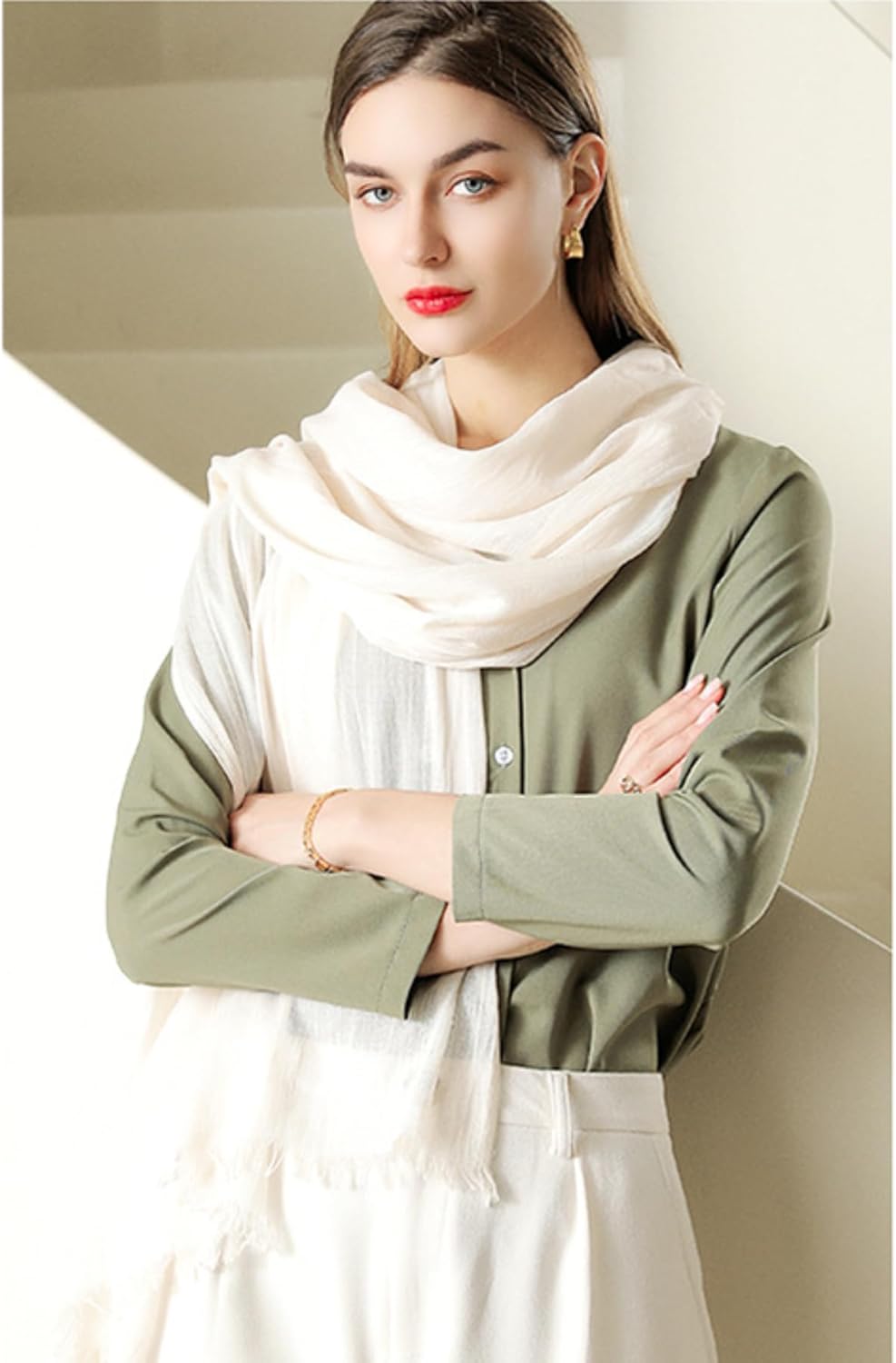 Solid color cotton and linen scarf, wrinkled all season versatile long sunscreen fashionable shawl - Image 3