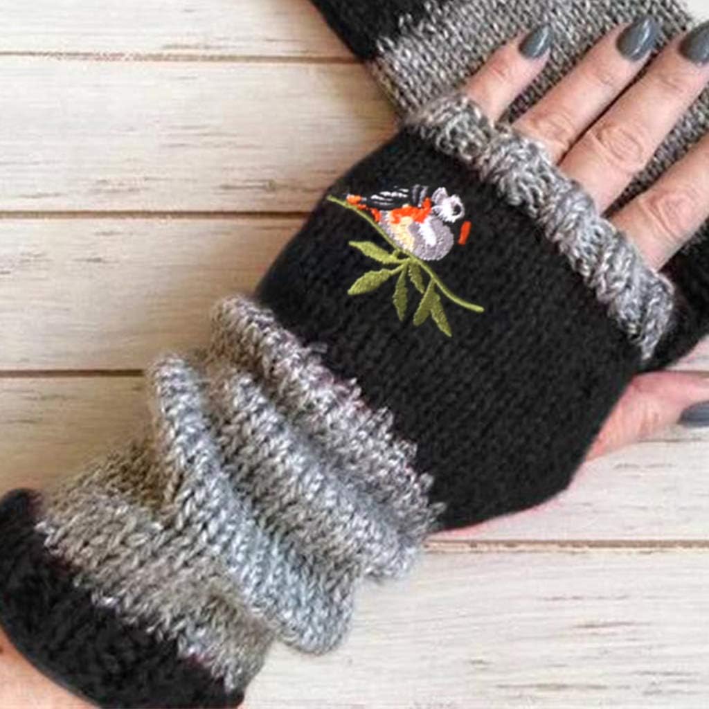 Wrist Warmers, Women Winter Knitted Fingerless Gloves Bird Embroidered Color Block Splice Half - Image 7