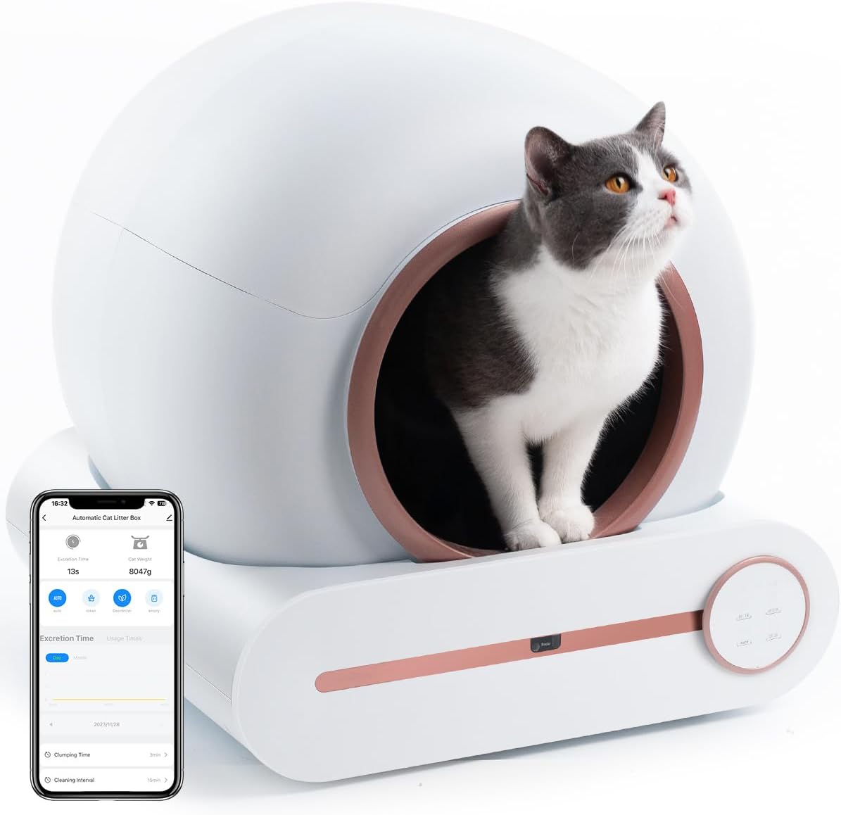 Bamboosang Self Cleaning Cat Litter Tray: Automatic Litter Box, 65L Extra Large Smart Cat Toilet with APP Control & Safety Protection & Odor Removal, Closed Design with Mat for Multiple Cats