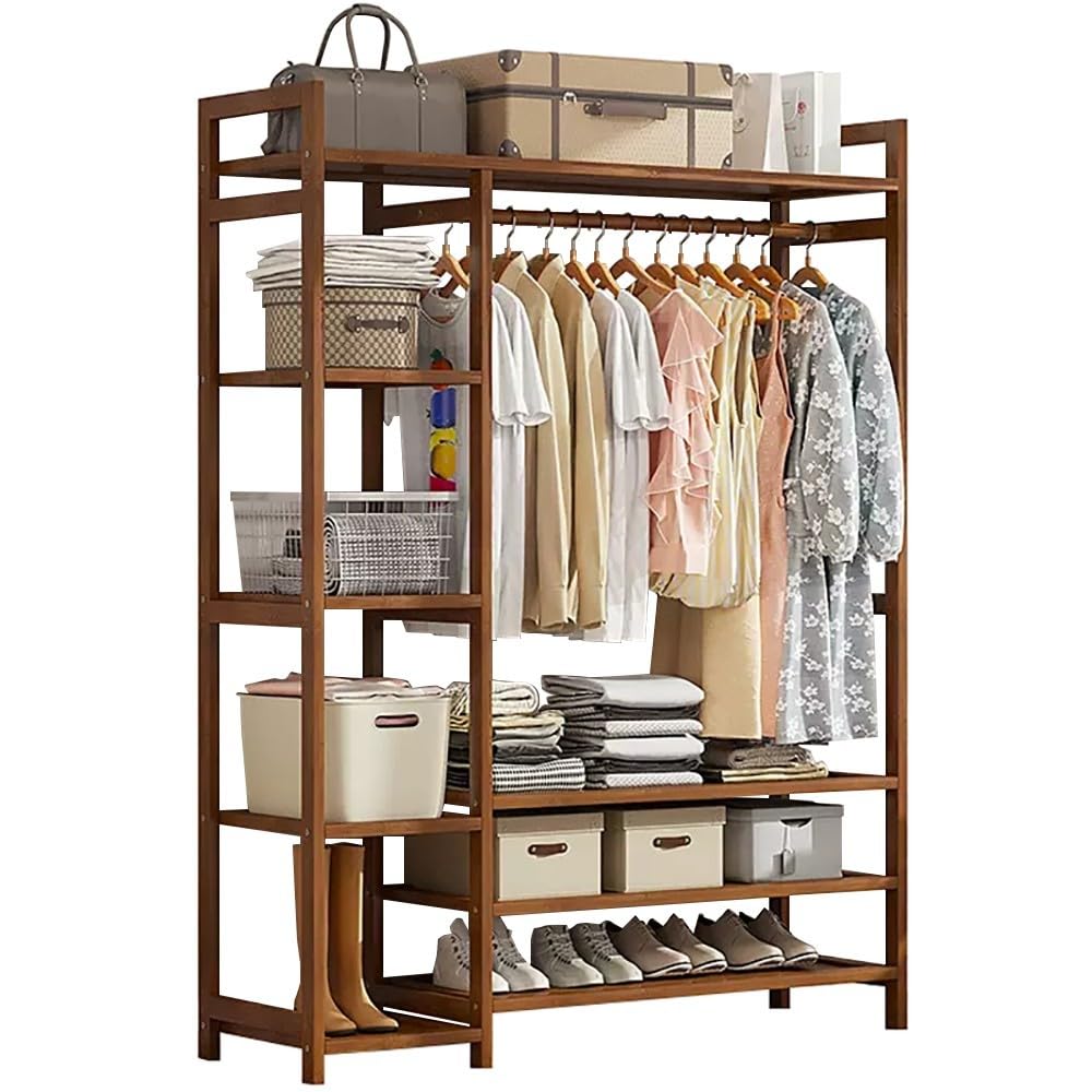 FGXHHS Eco-Friendly Bamboo Clothes Rack with Hanging Rod, 2 Shelves & Hooks Stylish Open Wardrobe for Bedroom, Hallway Entryway Storage Solution