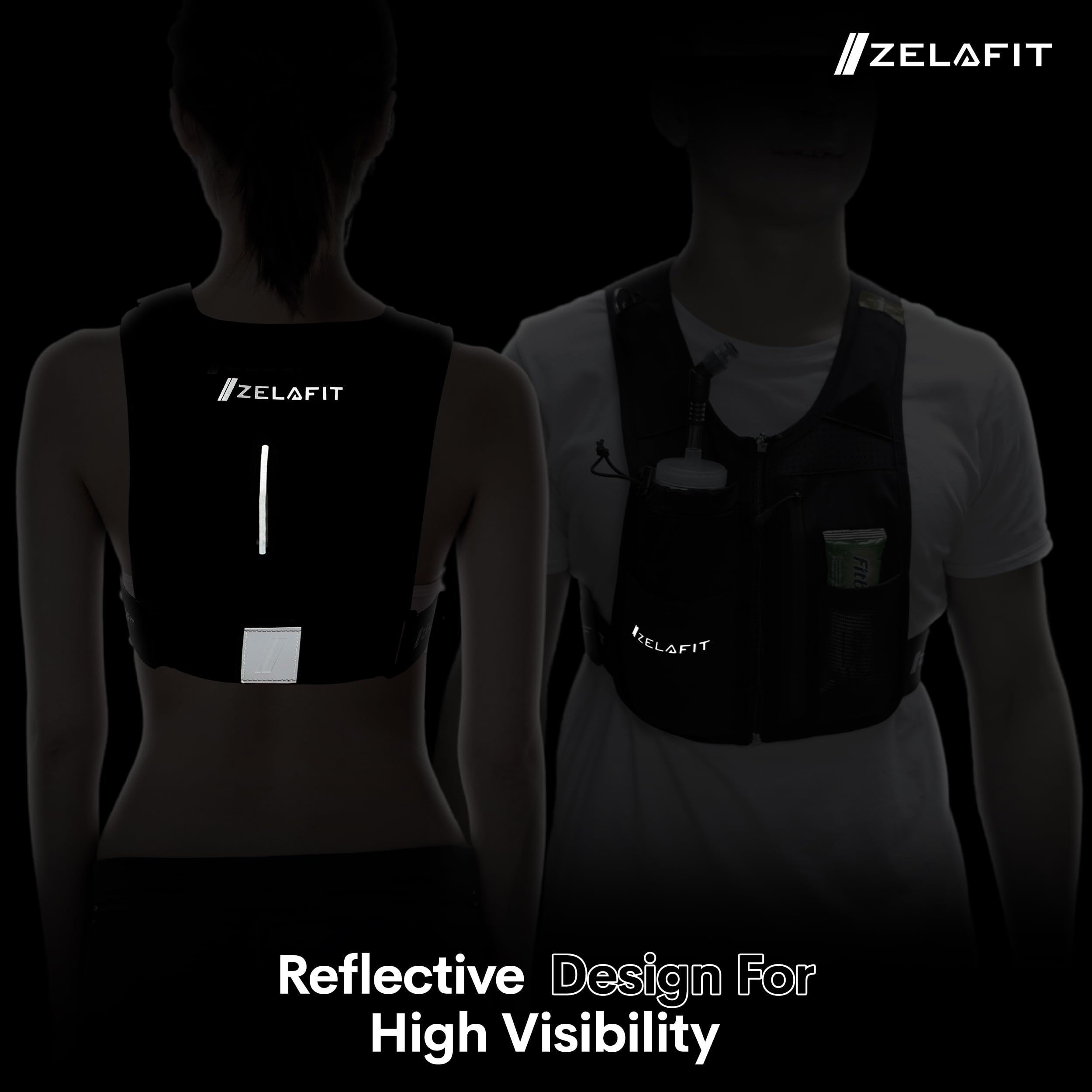 ZelaFit® Running Vest with Rechargeable Leds & Micro USB Charging Cables, Water Bottle and Straw - Reflective Hydration Vest with 8 Pockets - Running Backpack Alternative in 2 Sizes - Men & Women