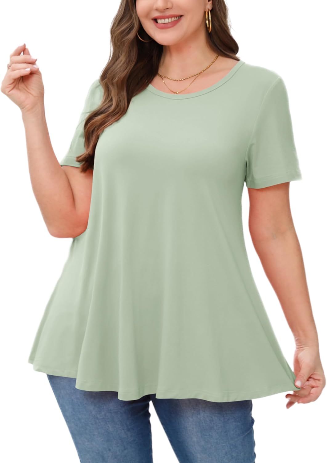 Tunic Tops for Women Plus Size Short Sleeve Crew Neck Swing Flare Loose T-Shirt Blouses to Wear with Leggings