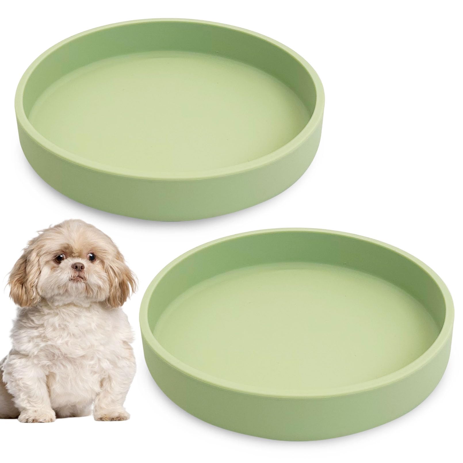 Apatal Silicone Dog Bowl Shallow Cat Food Bowls 7in Flat Puppy Plates Cute Whisker Fatigue Pet Feeding Dishes Set of 2 for Dry Food and Wet Food Indoor (Round Bean Green) โ image 1