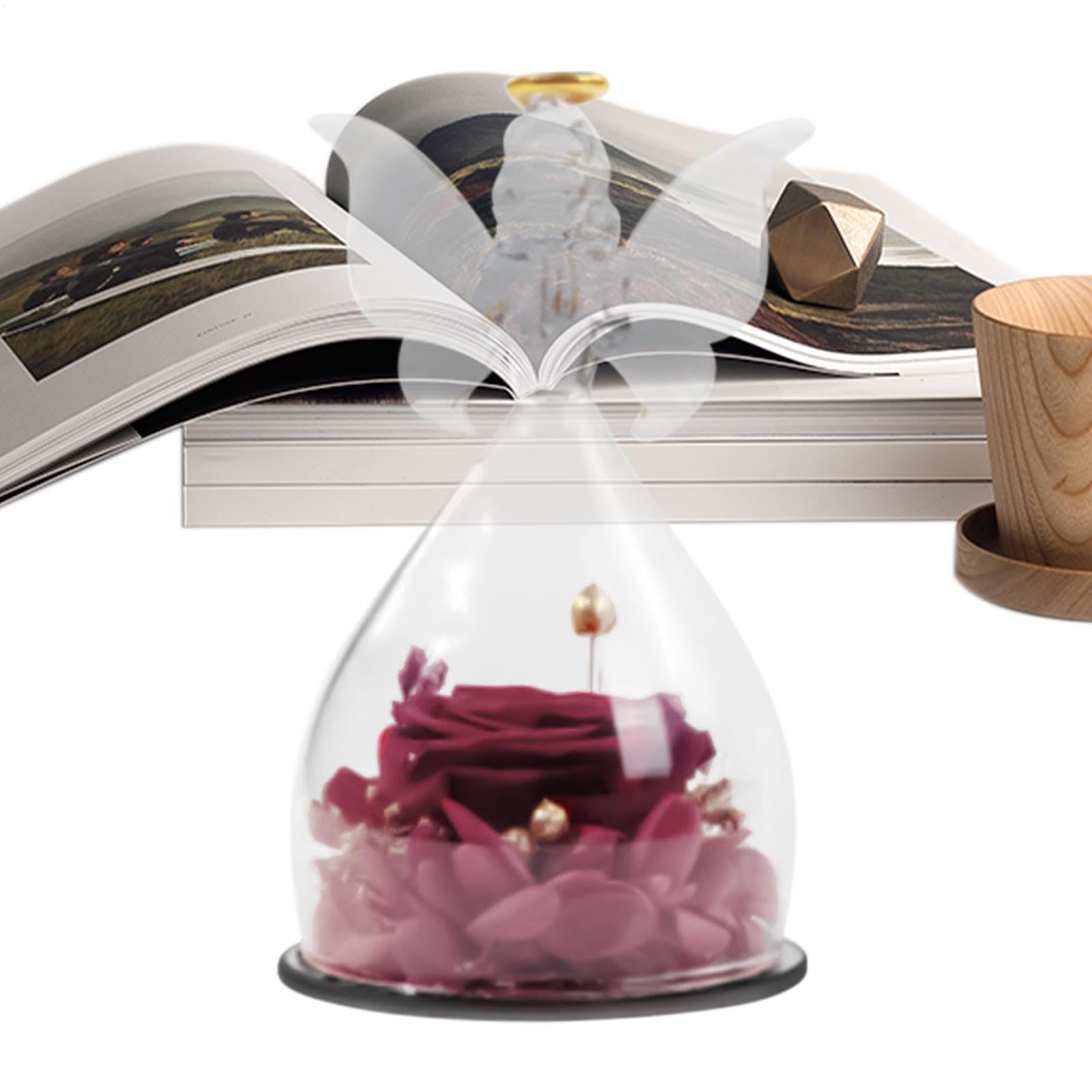 Figurine d'ange en verre avec rose éternelle pour décoration intérieure