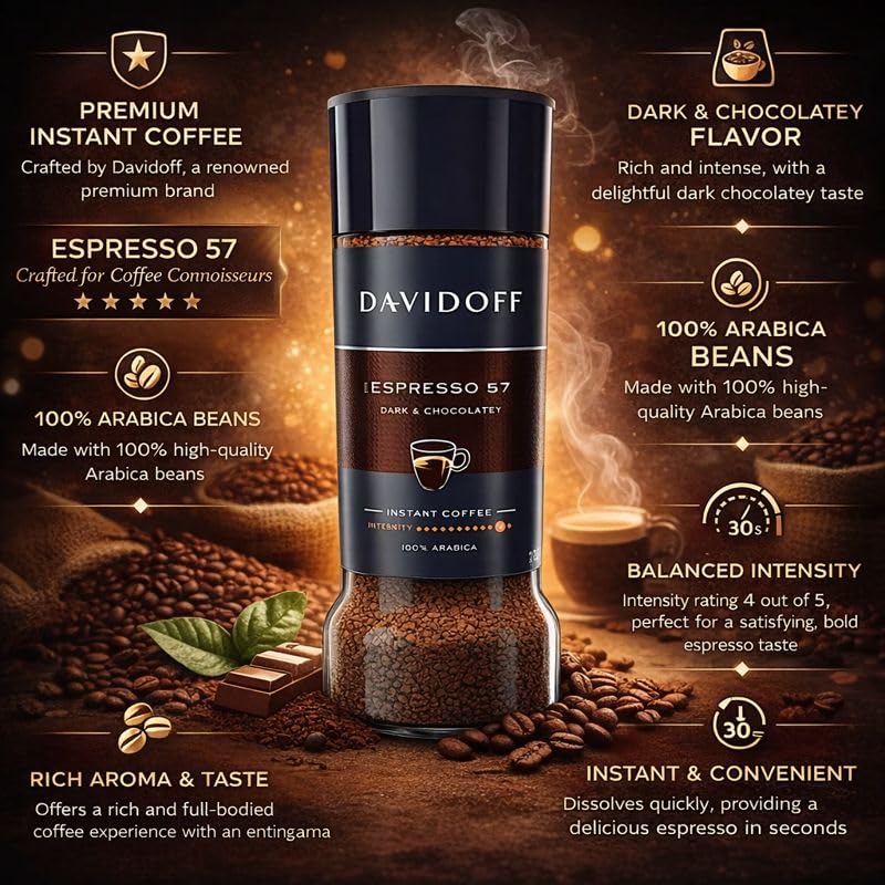 Image of Davidoff Espresso 57 Instant Coffee Combo Pack | 2 Jars x 100g Each By Cougar | Dark & Chocolaty Taste | Premium 100% Arabica Instant Coffee | Strong Intensity, Rich Aroma & Energy Boost for Long Active Days - (Imported)