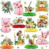 Diseño encantador: estos centros de mesa de panal hawaianos están bien diseñados con varios patrones tropicales clásicos, como el tiki, luau, flamingo, piña, cocotero, cerdo luau y más, que son lindos y llamativos, pueden crear fácilmente una fuerte escena hawaiana