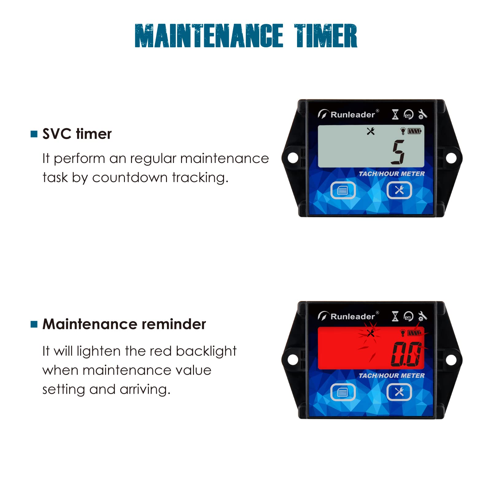 Runleader RL-HM011J – Cuenta Horas con Tacómetro Digital IP65, Impermeable, con Recordatorio de Mantenimiento para Motocicleta, ATV, Generador y Tractor Cortacésped