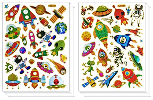 Space - 10 Sheets Space Self-Adhesive Glitter Metallic Foil Reflective Sticker Decorative Scrapbook for Kid, Party, Photo, Card, Diary, Album (Astronaut, Alien, UFO, Saturn, Satellite, Meteor, Earth)