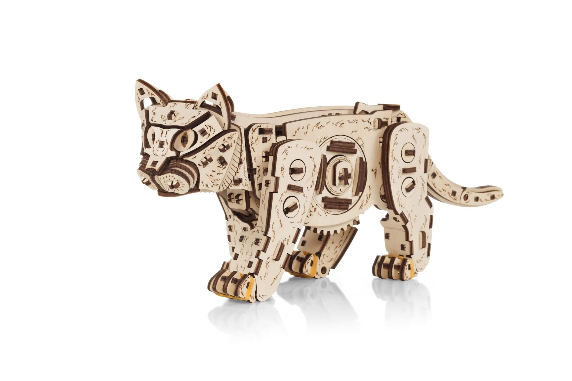 EWA Eco-Wood-Art Kitten Mechanischer Holzbausatz eines Kätzchens mit Federmotor, erhältlich in 3 Farbvarianten: Naturholz, Schwarz, Ingwer