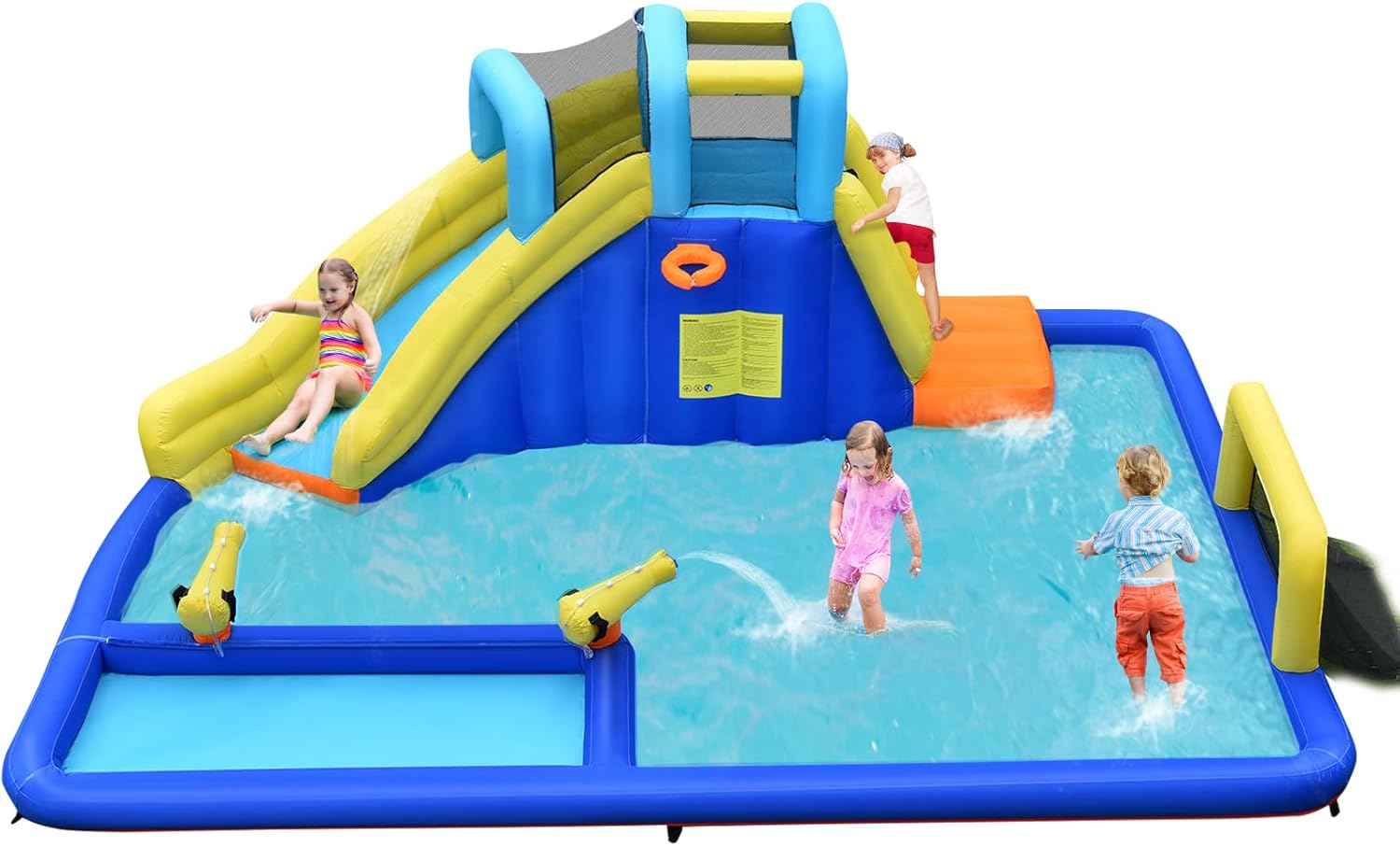DORTALA Inflatable Water Slides, 6 in 1 Water Park Bounce House w/Slide, Soccer Goals, Splash Pool, Climbing Wall, Backyard Blow Up Water Slides for Kids & Adults Party Gifts(Without Blower)