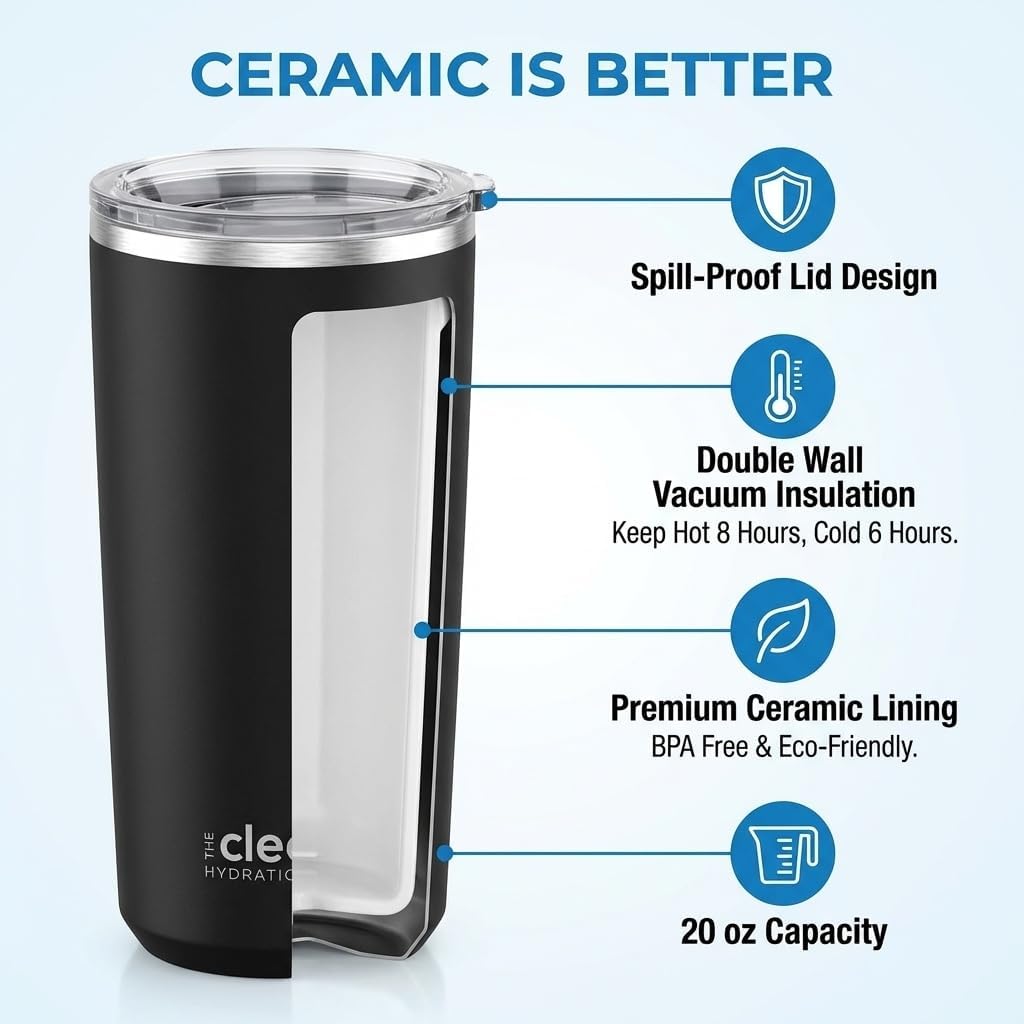 Tumbler Insulated with Lid, Double-Wall Vacuum, 20 Oz Travel, Office Tumbler, Hot & Cold Drinks, Ceramic Interior, Spill-Proof, BPA-Free, No Metal Taste