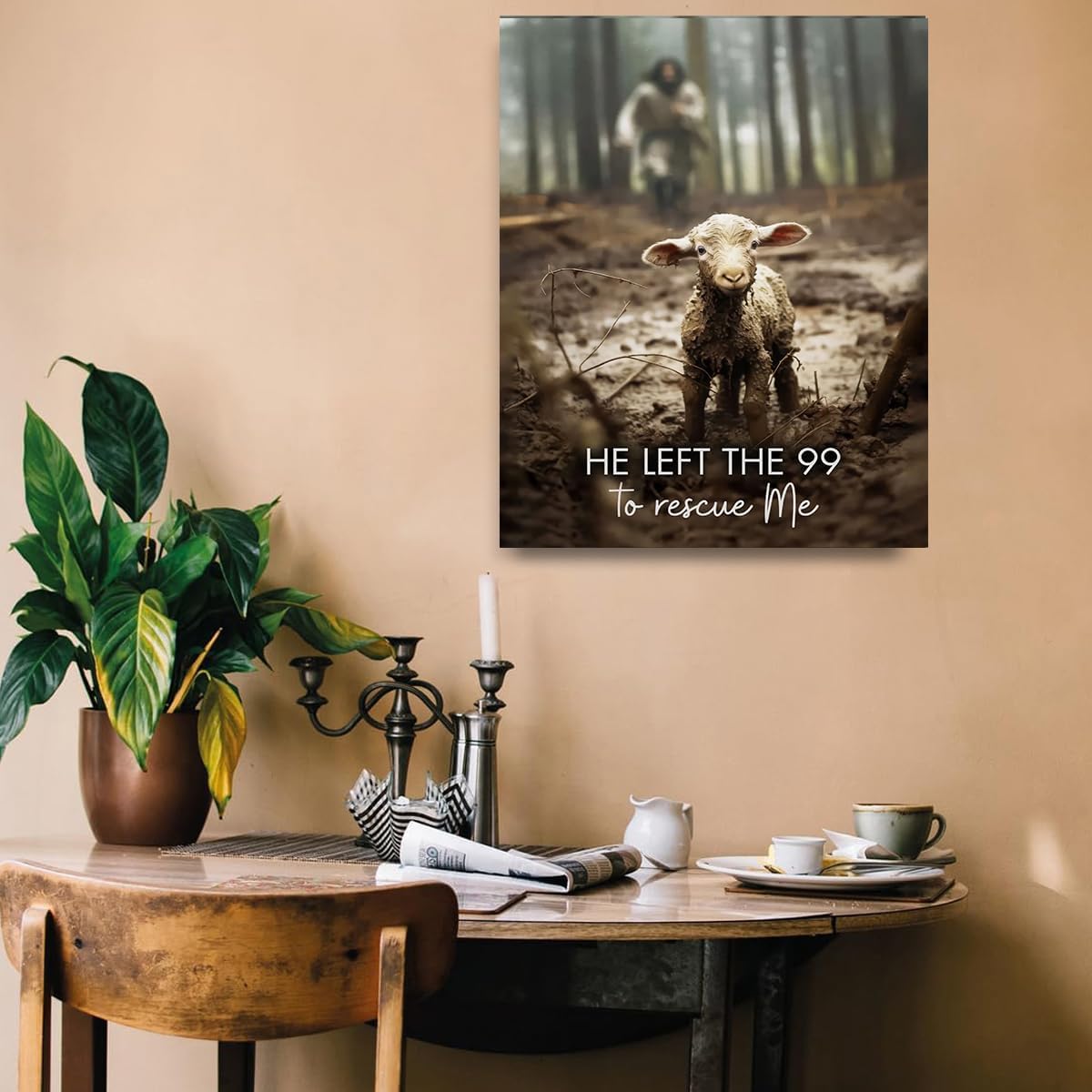GUN SUPPLIES OUTLET LLC Jesus With The Sheep Wall Art Jesus Running After Lamb Canvas Print He Left the 99 to Rescue Me jesus and Lost Sheep Christian Wall Art 16x20 inch