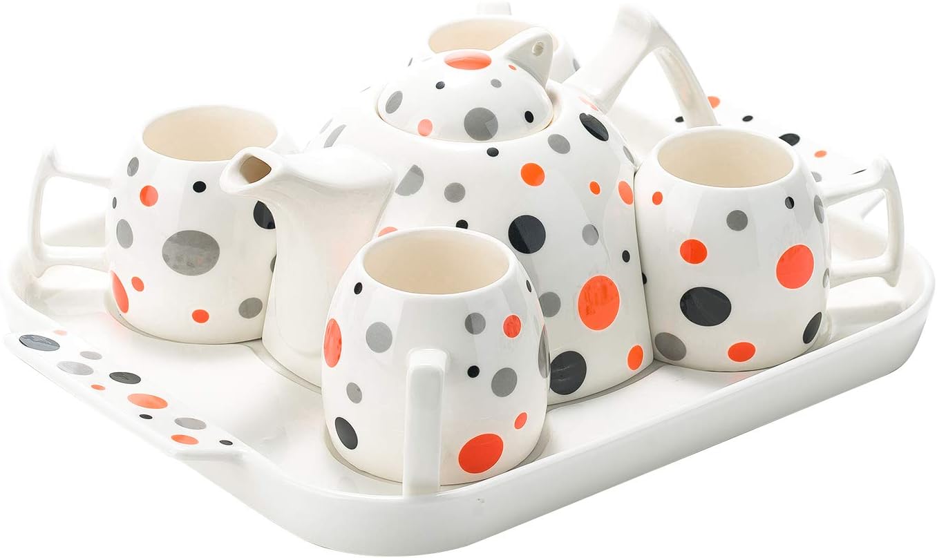 Porcelain Tea Set Coffee Cups & Ceramic Serving Tray Polka Dot Teapot Pitcher for Women (Bright Orange)