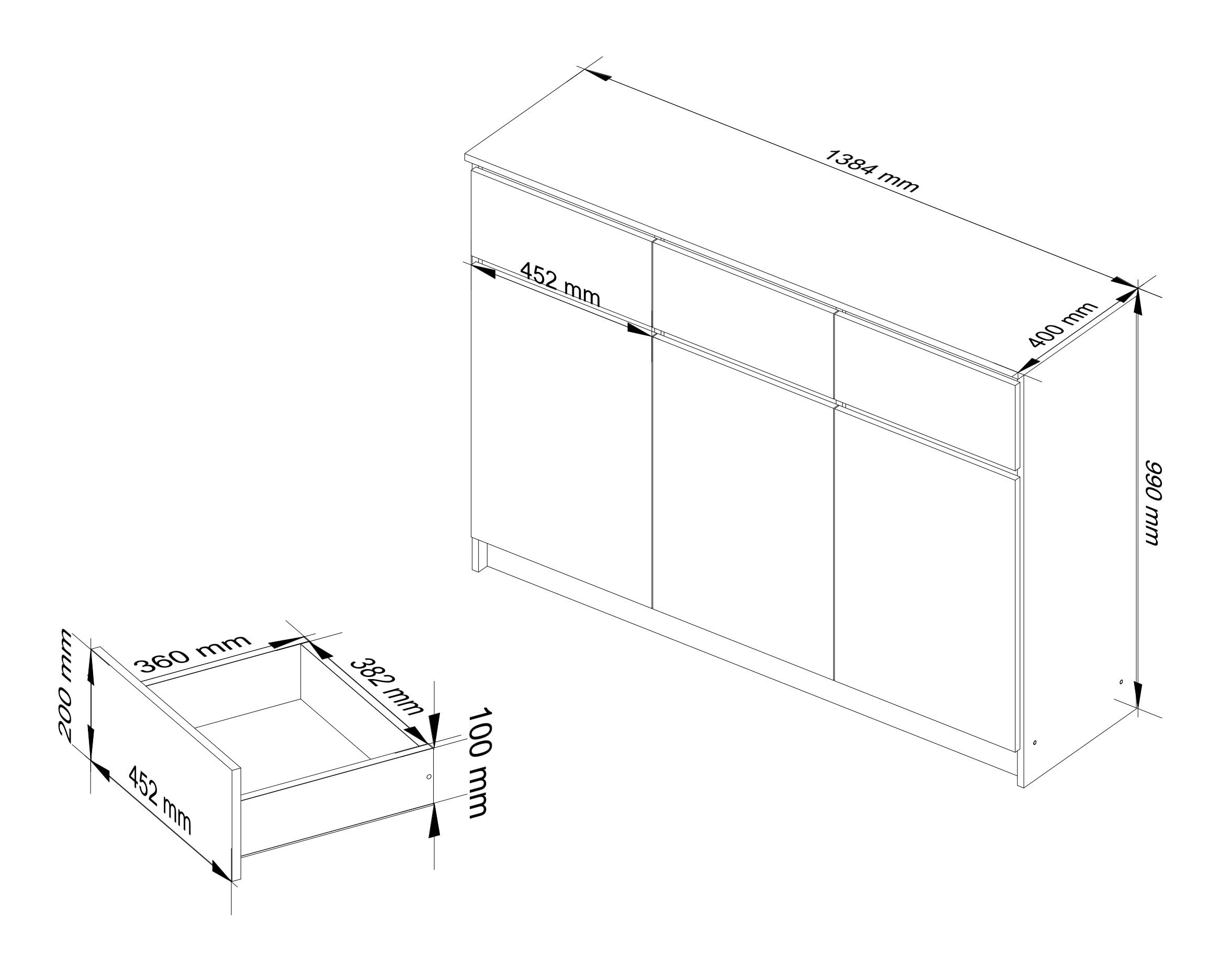AKORD Cassettiera K 140 cm | 3 Cassetti e 3 Ante | Moderna Mobiletto per Soggiorno Sala da Pranzo Camera da Letto Corridoio Bagno | Pannello Laminato 16mm | Elzen