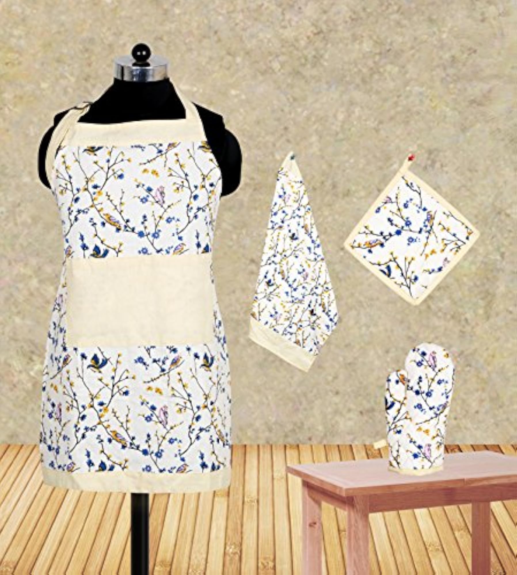 Bird Printed Cream Apron Set (Pack of 4)