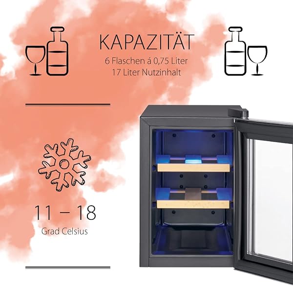 ProfiCook Weinkühlschrank | 6 Flaschen | Getränkekühlschrank | UV-beständige Glastür | Weinkühler | LED-Beleuchtung | 3 Lagerebenen - Davon 2 herausnehmbar | 11-18°C | PC-WK 1231 - 2