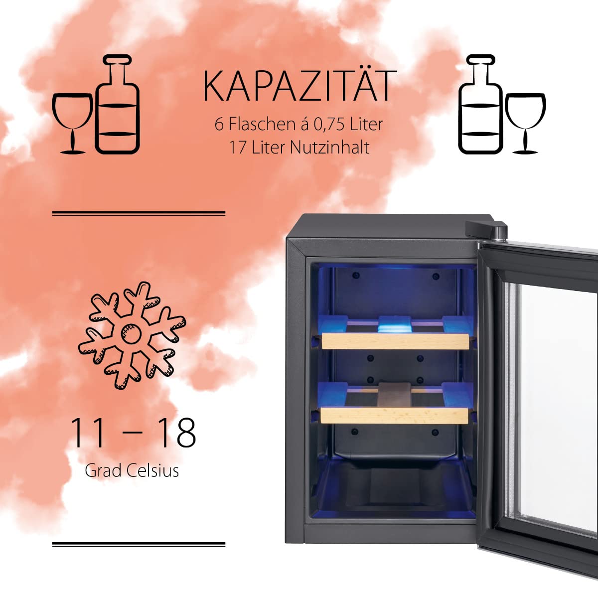 ProfiCook Weinkühlschrank 6 Flaschen UV-beständige Glastür LED-Beleuchtung 11-18°C PC-WK 1231