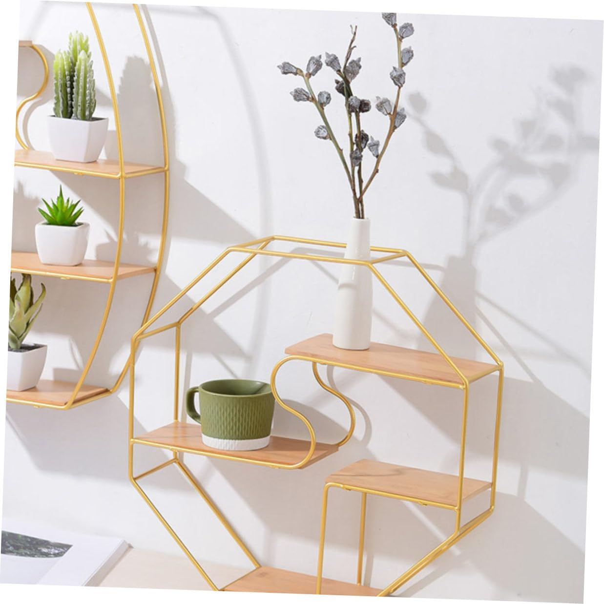 Decorative Storage Rack Wall Mounted Iron and Wood Golden image 2