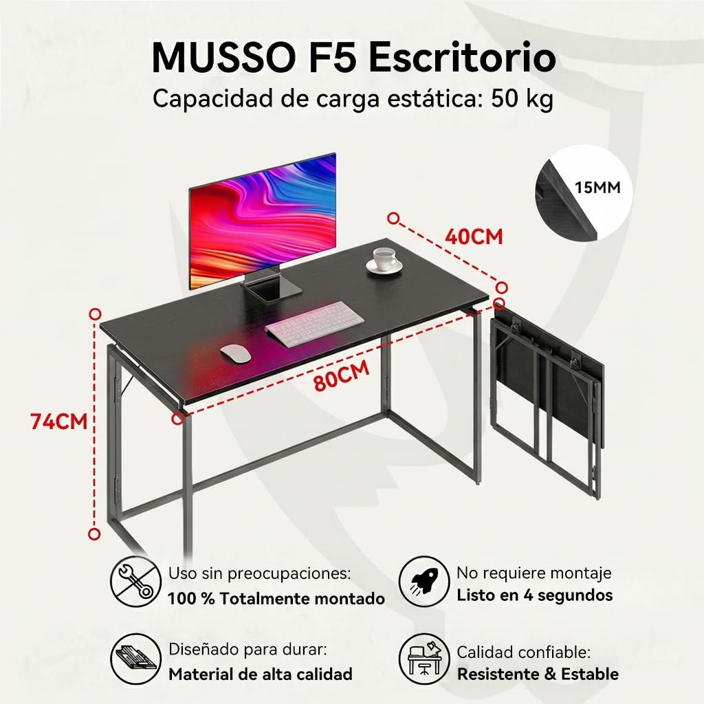 MUSSO F5 Escritorio Plegable 80 x 40 cm sin Montaje | 80 x 40 cm; diseño plegable; sin montaje; escritorio compacto; uso en casa u oficina