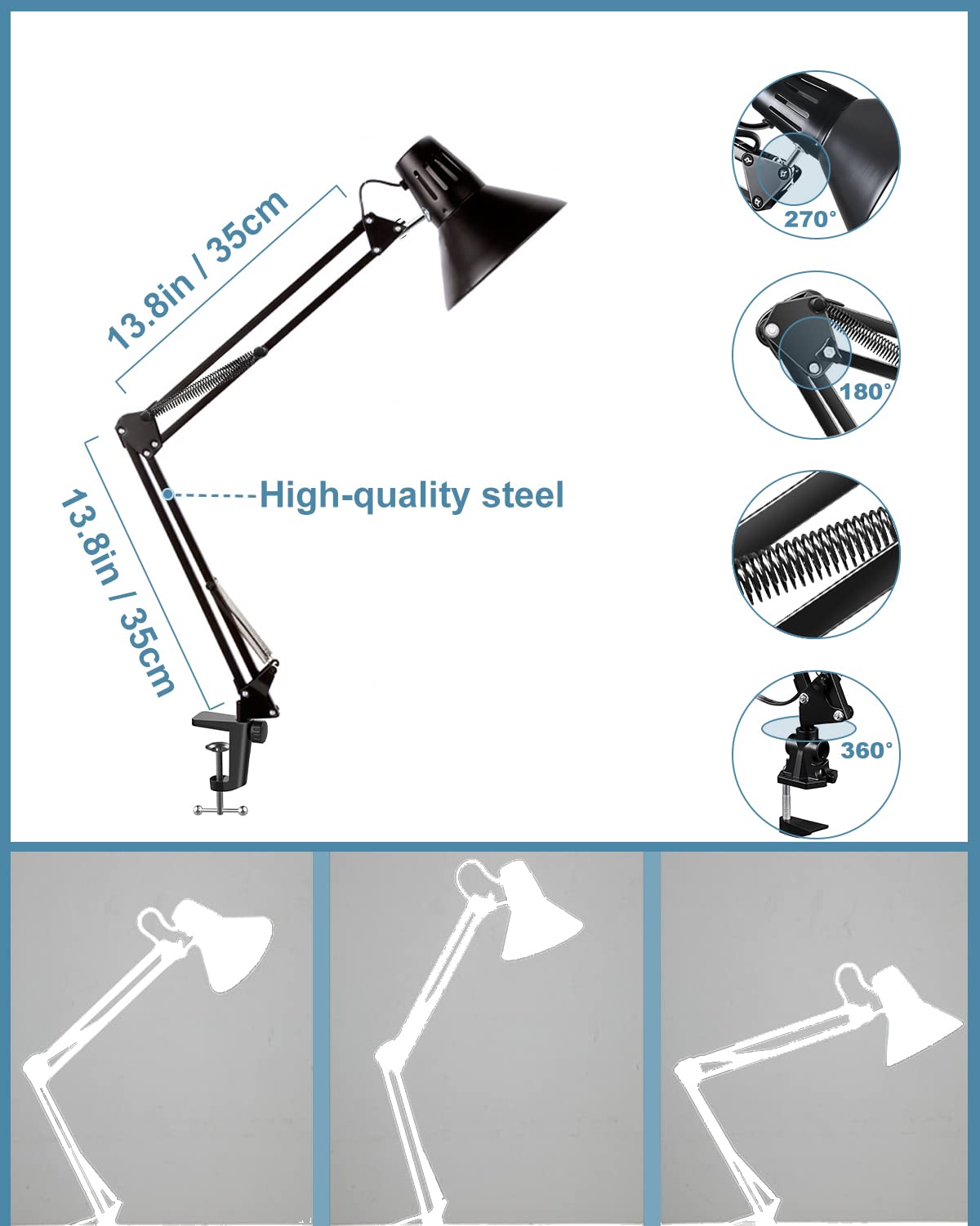 Lampada da scrivania, lampada da tavolo con braccio oscillante in metallo, luce a clip, portalampada E27, lampada classica da architetto, lampada da scrivania regolabile per ufficio, lettura
