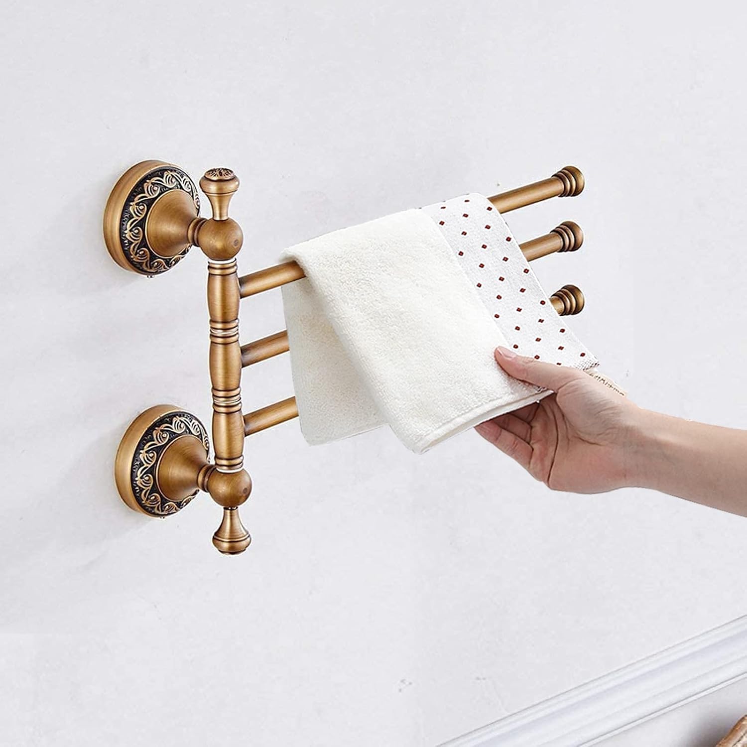 Leyden Swivel Towel Bar, Antique Brass 3 Arm Swing Towel Rack Towel Rotated Bar Holder Brass Wal