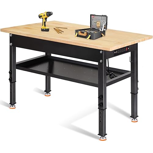 48"/60'' Adjustable Workbench, Rubber Wood Top Work Bench Heavy-Duty Work Table w/Power Outlet, Partition,2000 LBS Load Capacity Work Benches for Garage, Workshop, Home, Office, Easy Assembly
