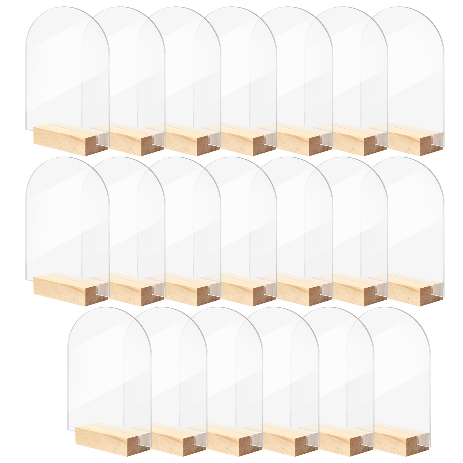 Bercoor 20 Pack 4x6 Inch Blank Clear Arch Acrylic Sign with Wooden Stands, Arched Round Top Acrylic Sheet, DIY Acrylic Arch Table Numbers for DIY Name Card Gifts Event Party Sign Decoration