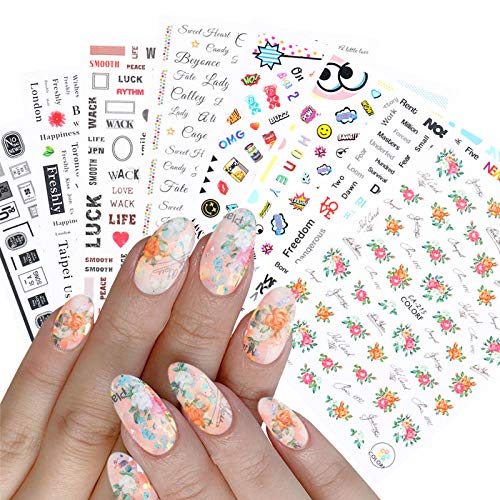 8 Sheets Fashion English Word Nail stickers Decals,3D Self-adhesive Letter Love Heart Stars Flowers Funny Pattern Nail Design For Acrylic Nail Supplies,DIY Nail Decoration Kit
