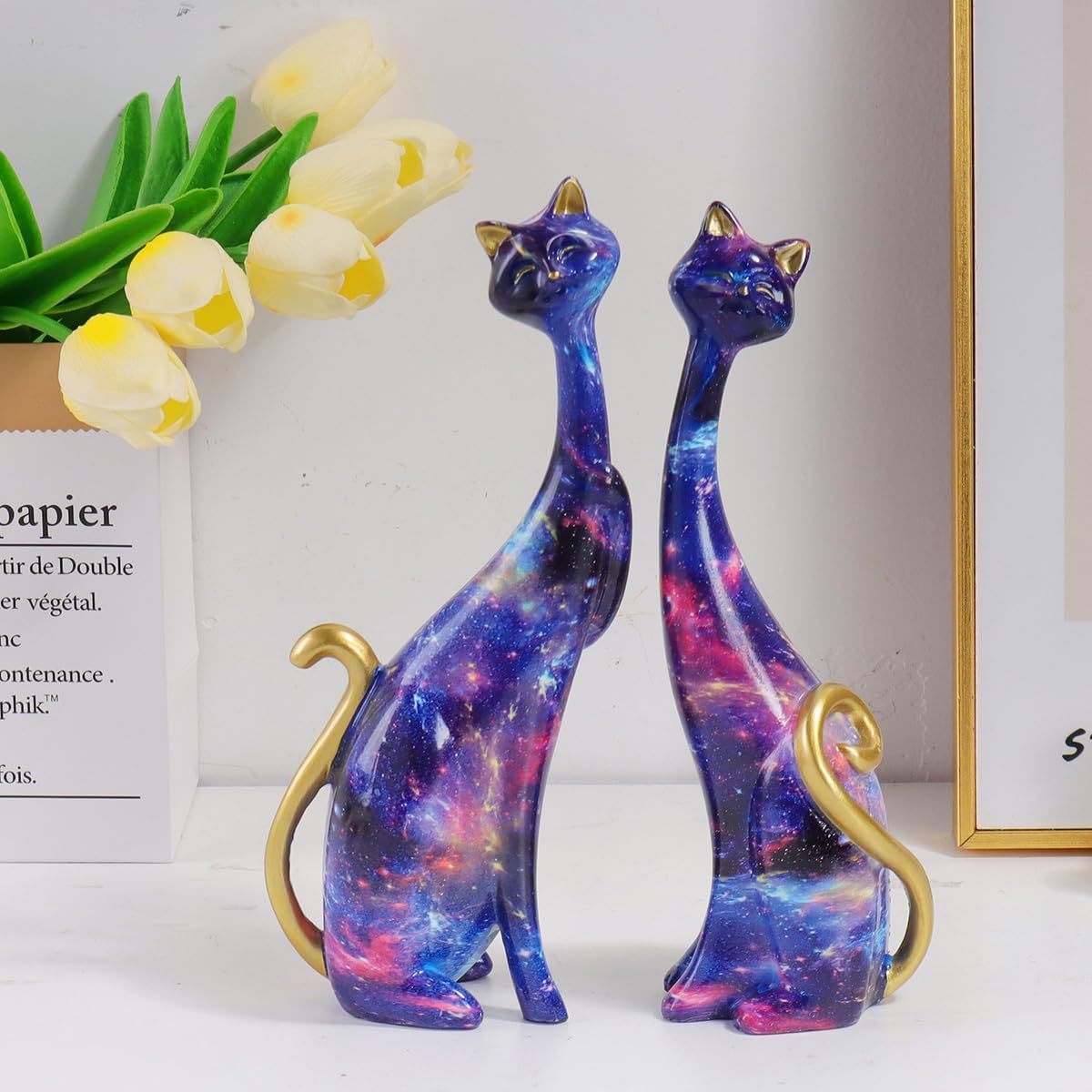 masteymoh 2 Cat Statues, Multicolor Cat Figurine Resin Home Decor Splash Color Starry Sky Cat Animal Sculpture Kitten Figurine Modern Home Office Desktop Decoration (Starry Sky KY147)