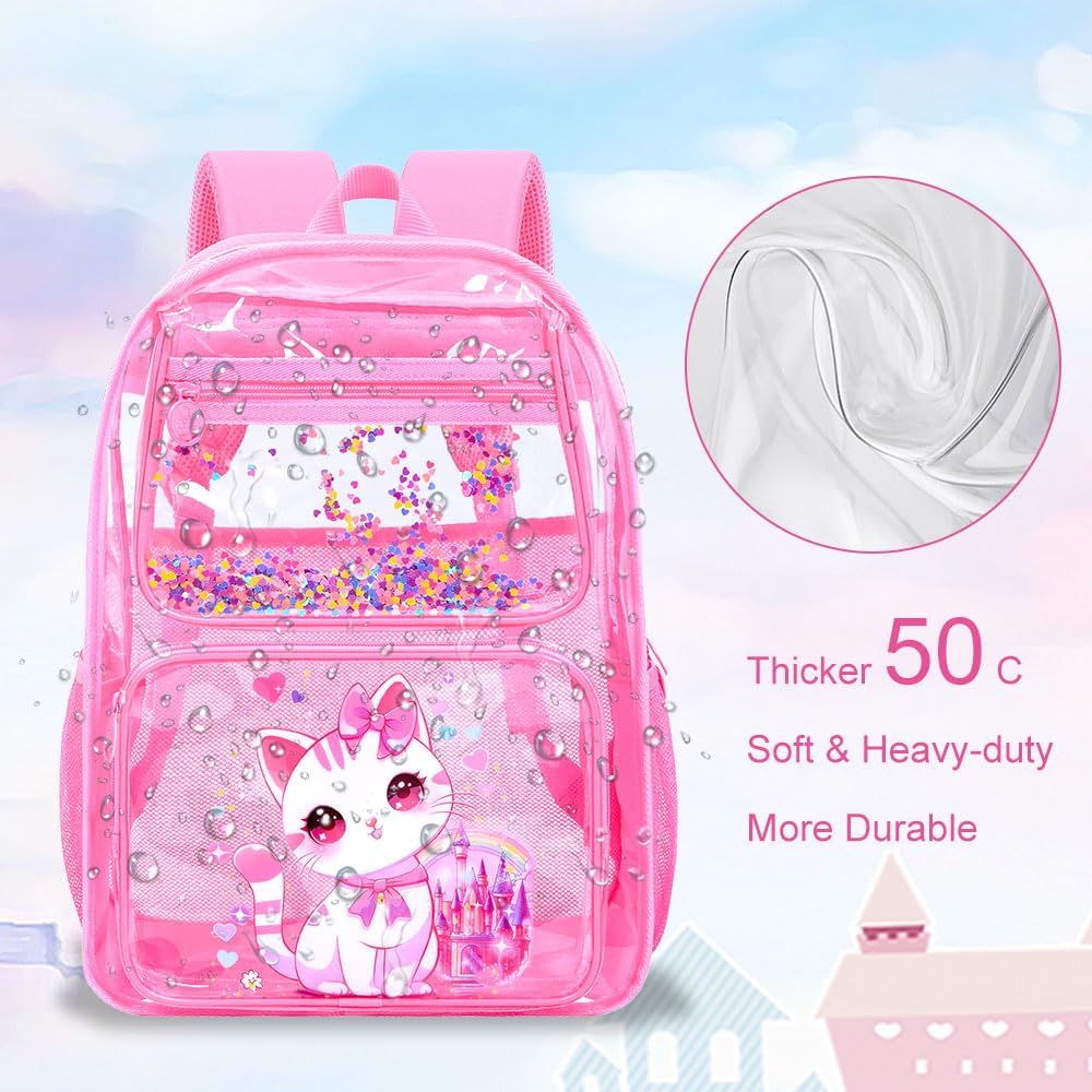 WZLVO Kids Clear Backpack for Girls, Heavy Duty PVC Cat Transparent Bookbag, Cute See Through School Bags for Elementary - Pink - Image 3
