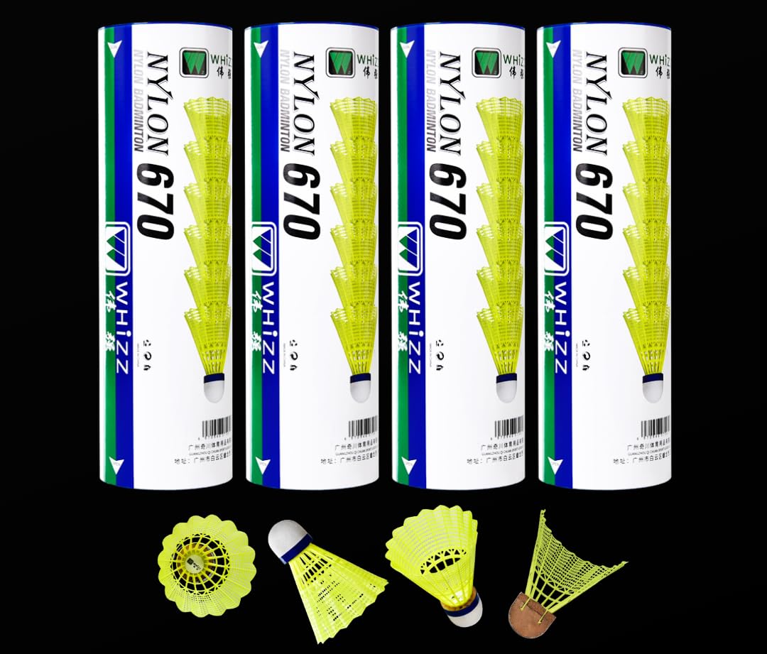 Nylon 670 Badminton Shuttlecock Pack of 4 Tubes 24 Pcs | Nylon 670 Model, 6 per Tube, Yellow Colour, Durable Nylon Skirt, Training & Practice-image-3