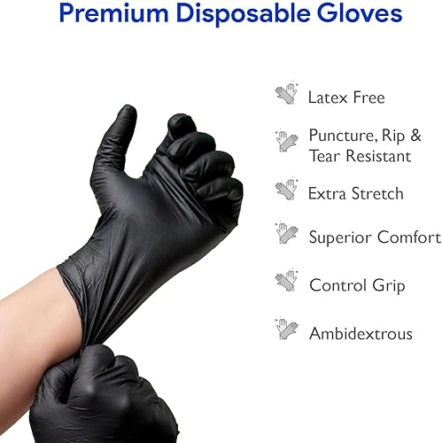 Miniatura 5 de Guantes desechables de nitrilo negro  Paquete de 200  Sin látex para médicos, quirúrgicos, limpieza, preparación de alimentos, cocina, tatuaje