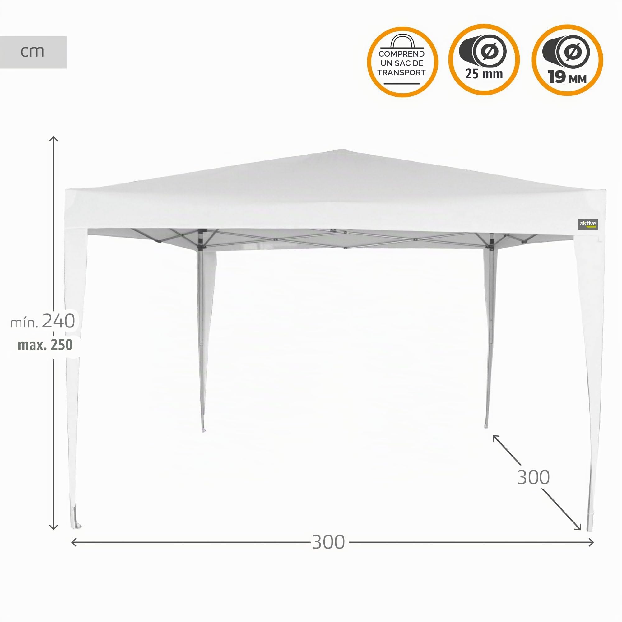 AKTIVE Tonnelle Pliante Réglable 300X300X240, 250 cm Blanche, Hauteur Réglable sur 3 Positions, Structure Métallique Robuste, Toit Étanche, Montage Rapide sans Outils (62187)