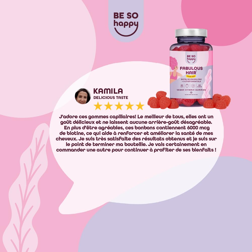 Biotine pour Cheveux | 6000 mcg | Avec Zinc, Sélénium et Vitamines A, B6, B12, C, D, E | Bonbons Goût de Fraise | Approvisionnement de 120 jours | Végétalien, sans Gluten et sans Lactose | BeSoHappy