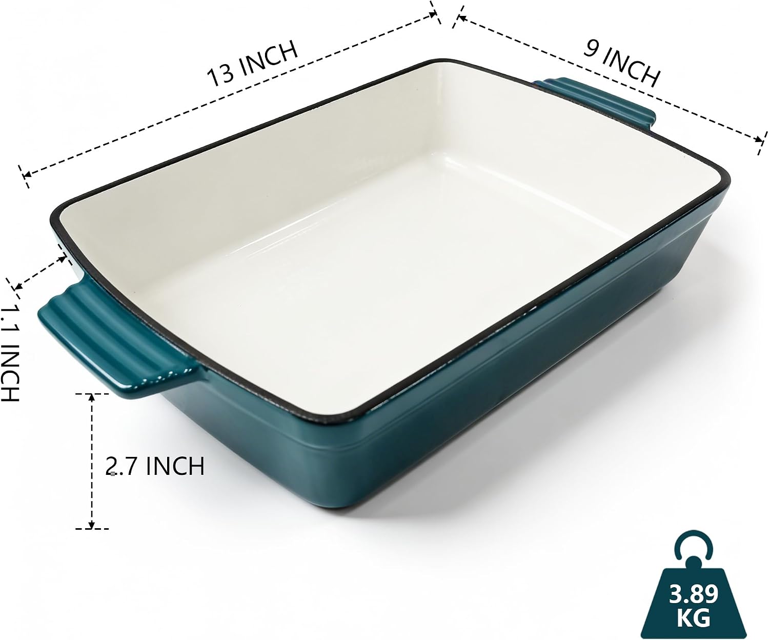 Enameled Cast Iron Lasagna Pan, Casserole Pan, Dutch Oven Baking Pan (Peacock Blue, 13“ x 9" inch)