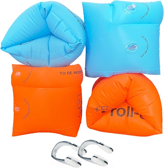 Swimming Armbands, 4 Pcs Roll-Ups Armbands W/2 Pcs Nose clip, Swimming Aid Children's Float Arm Bands, Ideal Inflatable Swimming Armbands Set for Kids and Adults