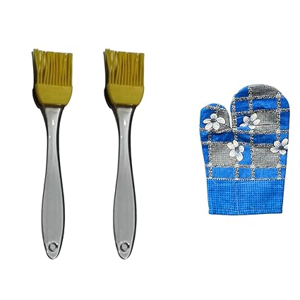 NE GRILLS Heat-Resistant Silicone Barbecue Brush for Grilling & Durable Grilling Gloves | Ideal for Safe and Easy Grilling (2 Pcs Yellow BBQ Brush & Set of 1 Gloves)
