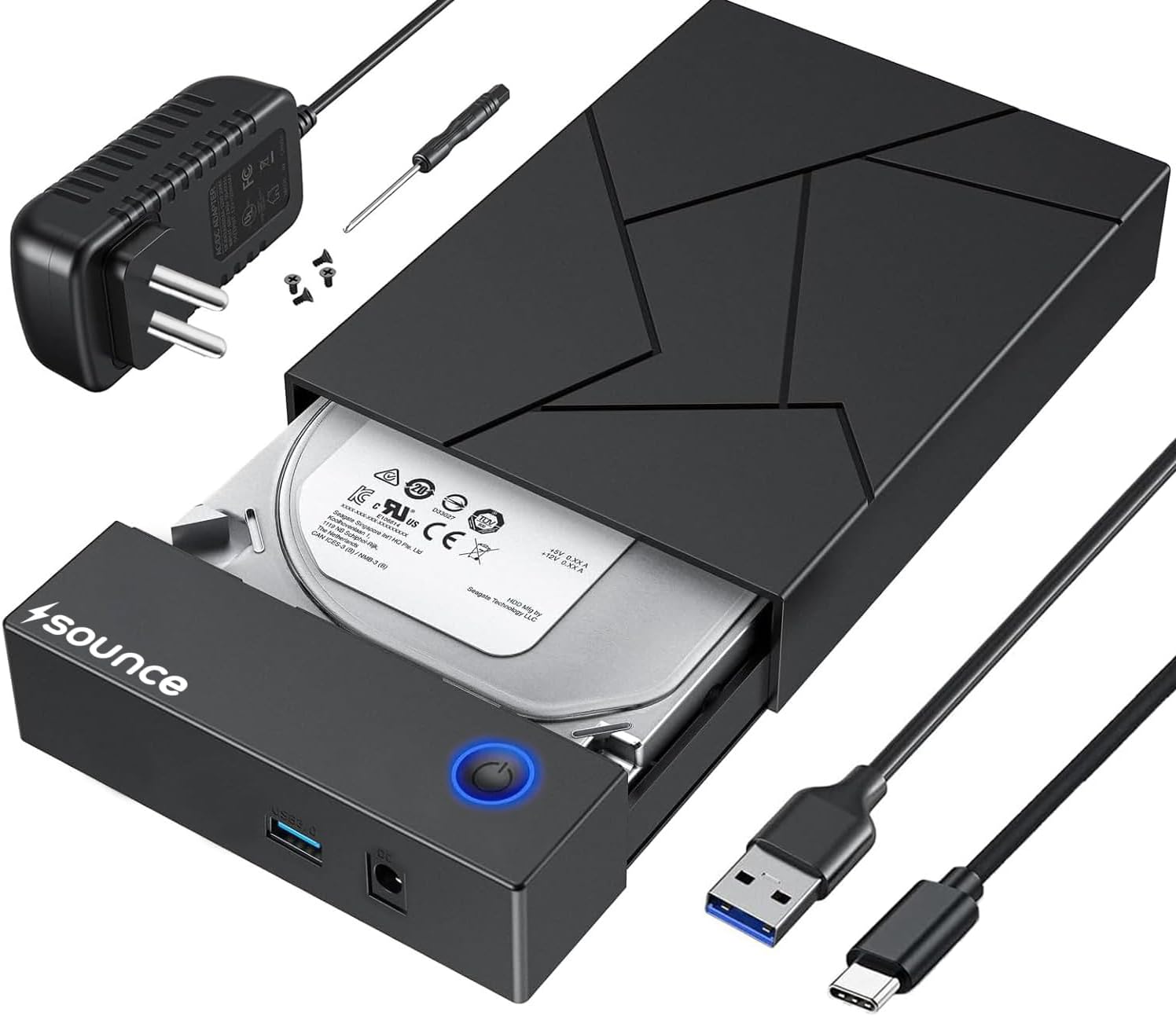 Sounce Type C Hard Drive Enclosure, External Hard Drive Docking Station for 3.5/2.5 Inch SATA Hard Drives/SSD with 16 TB+, Tool-Free HDD Enclosure 12V/2A Power Supply UASP (Black)