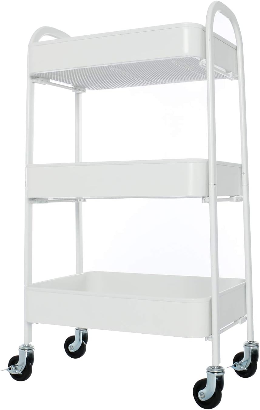 YOURLITE 3 Tier Metal Rolling Cart, No Screw with Wheels (w/2 Brakes) Bathroom Cart with Handle 3 Tier Utility Cart with Span-on Design, No Bolts Easy to Install, White