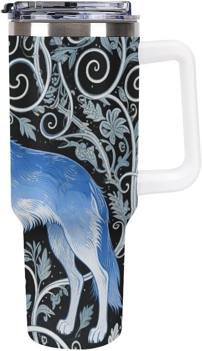 40oz Stainless Steel Blue Wolf Print Tumbler with Handle And Straw Double Wall Vacuum Insulated Travel Mug Bpa-Free Leak-Proof Water Bottle Cup Holder Friendly for Home Office Gym