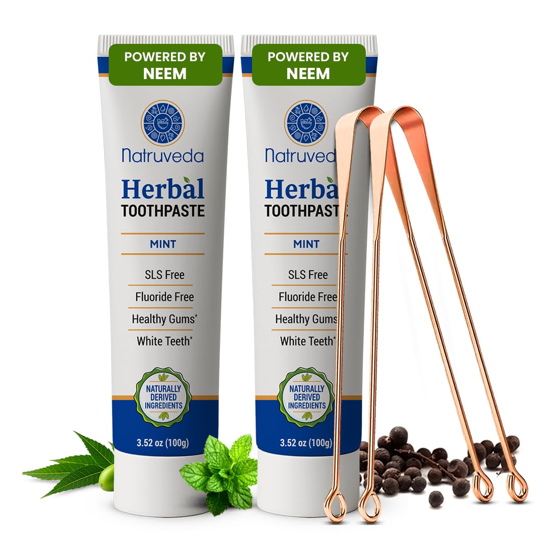 Neem Herbal Toothpaste with Complimentary Copper Tongue Scraper Fluoride Free SLS Free Natural Toothpaste for Adults Ayurvedic Oral
