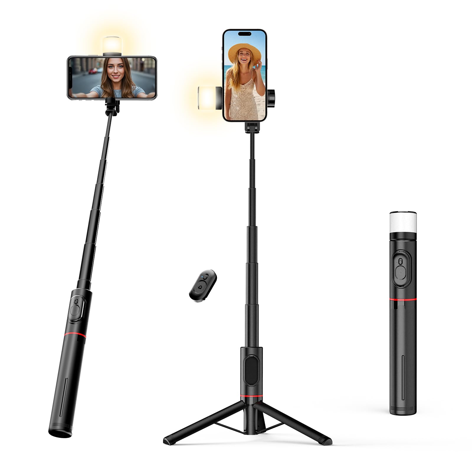 Moman Selfie Stick Treppiede con Luce di Riempimento, Q12S Treppiede Portatile Supporto per Telefono 77CM Supporto in Alluminio per Smartphone