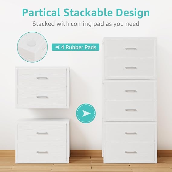 BOLUO Stackable Storage Drawers Closet Organizers and Storage Bins Fabric White 2 Drawer Dresser for Bedroom Office Modern