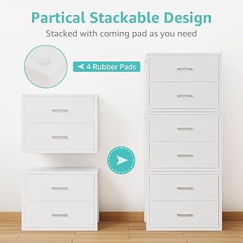 BOLUO Stackable Storage Drawers Closet Organizers and Storage Bins Fabric White 2 Drawer Dresser for Bedroom Office Modern