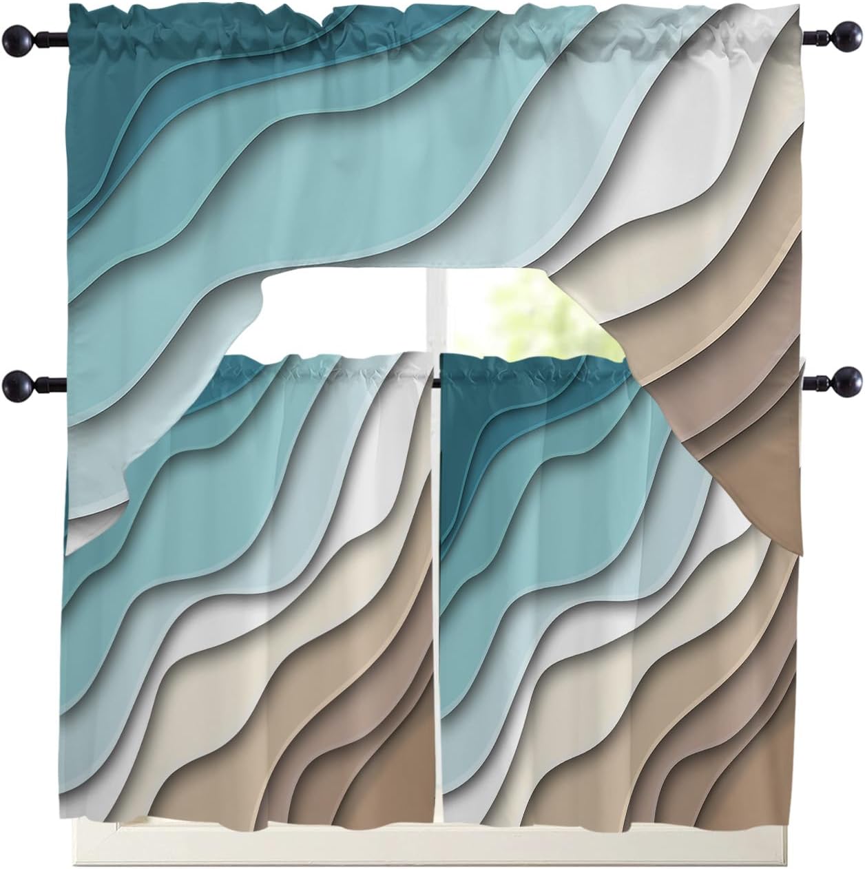 Kitchen Curtains Sets 24 Inch Length with Valance, Blue Brown Modern Geometric Abstract Swag Valances for Windows and Tiers Curtain Set, Light Filtering Rod Pocket Drapes for Living Room, Cafes
