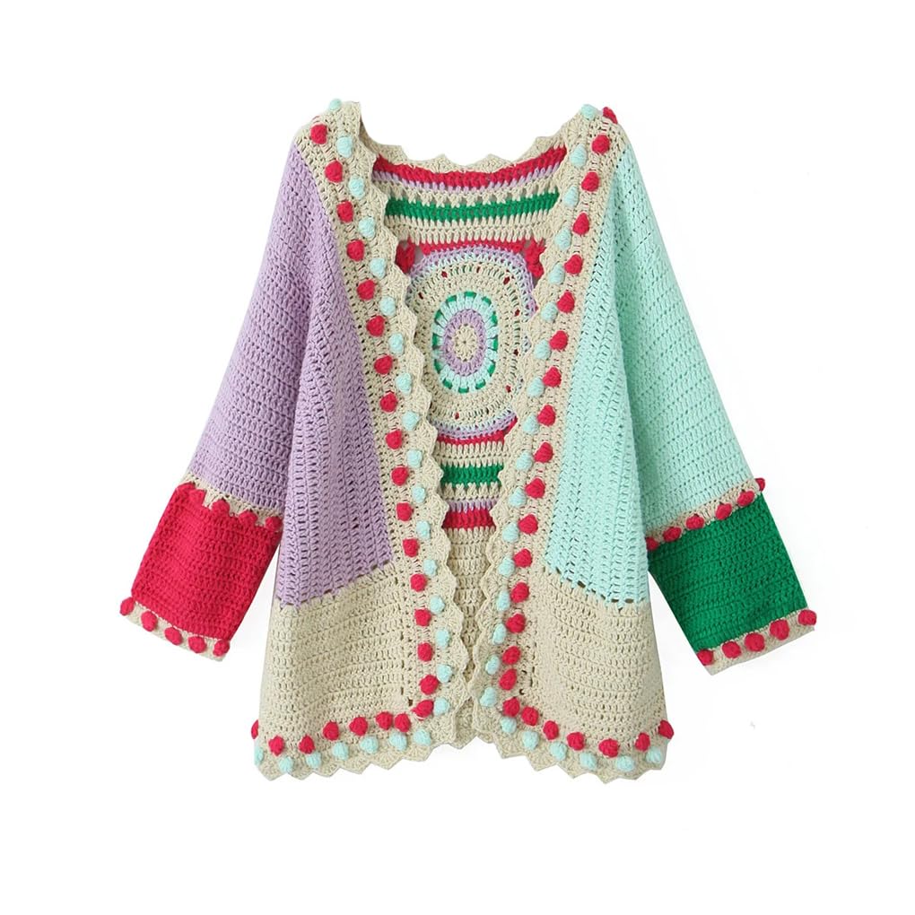 Dninmim Maglione da donna a maniche lunghe lavorato a maglia con bottoni all'uncinetto a contrasto di colore