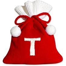 Christmas Knit Drawstring Gift Bag Xmas Red and White Santa Sack with Alphabet Letter Design Reusable Wrapping Bag for Xmas Candy Goodie Party Favor 6.5 x 5.1 Inch Letter L