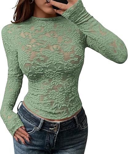 BTFBM Mesh Long Sleeve Tops for Women Sexy Lace Sheer,Light Green,Large